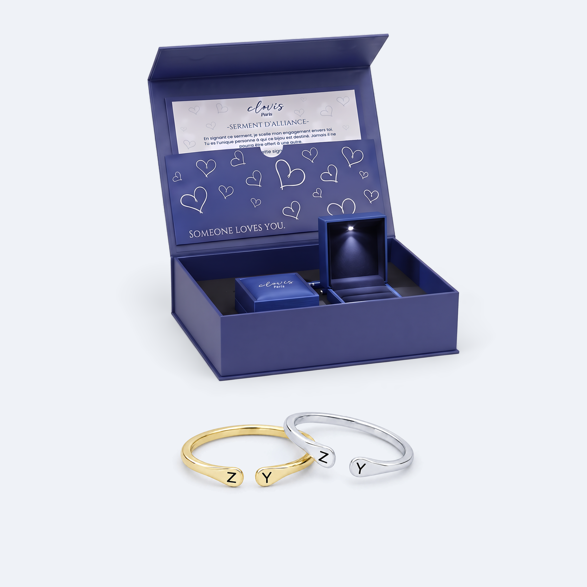 Le Duo Bagues Initiales — elle or, lui argent, dans son coffret #elle-or #lui-argent