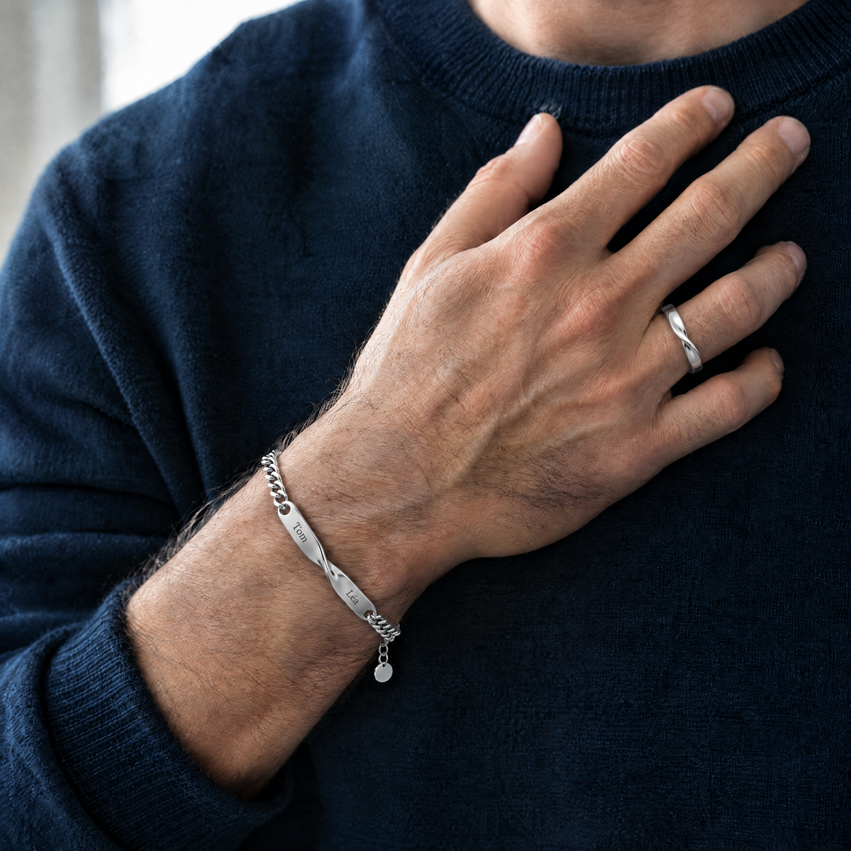 Bague Torsadée + Bracelet torsadé — argent, porté #argent